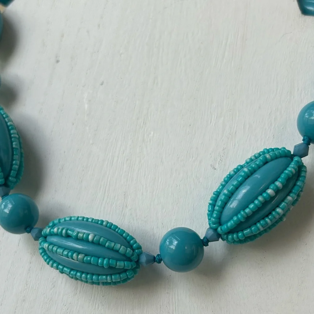 Vintage Retro Boho Aqua Chunky Beaded Necklace